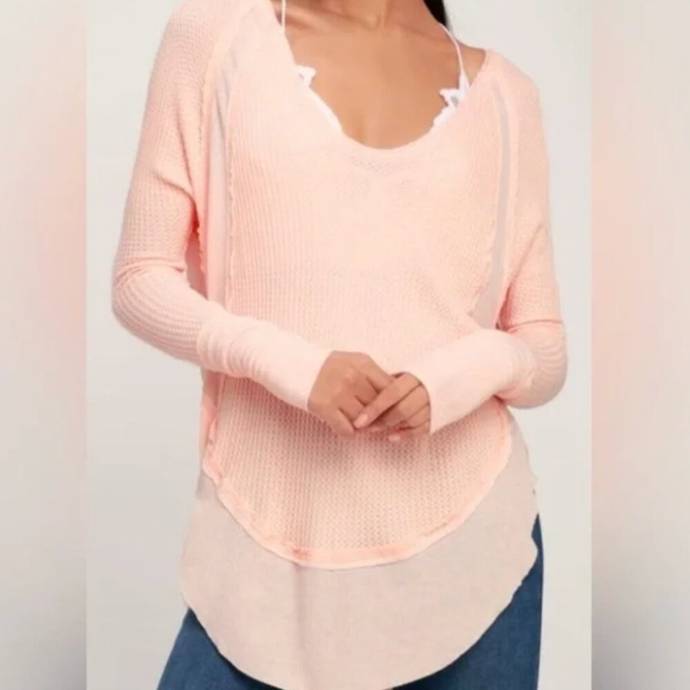 We The Free Blush Peach Catalina Waffle Knit Thermal Long Sleeve Top Womens Sz M